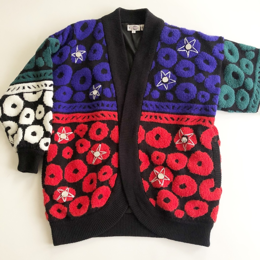 VTG Le Club Chunky Oversized Open Cardigan Sweater Bold Colorful Circles Stars M